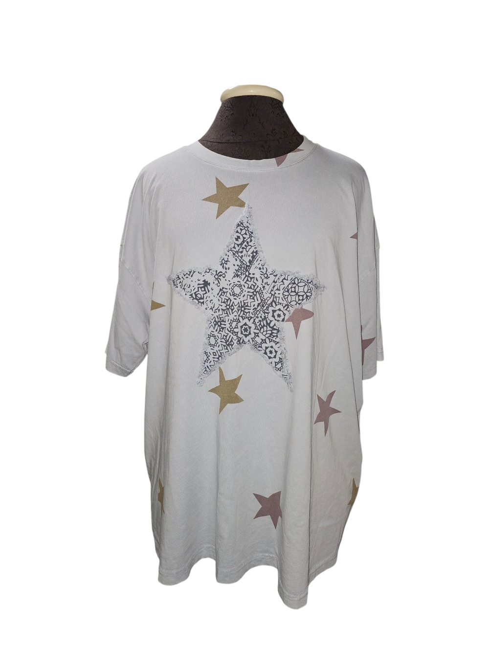 Easel oversized Star patch applique top shirt sky blue brwon stars S EXCELLENT